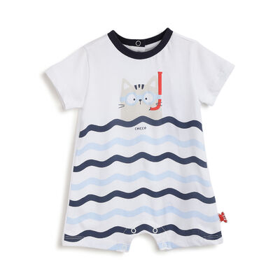 Boys White and Blue Printed Short Sleeve Rompers